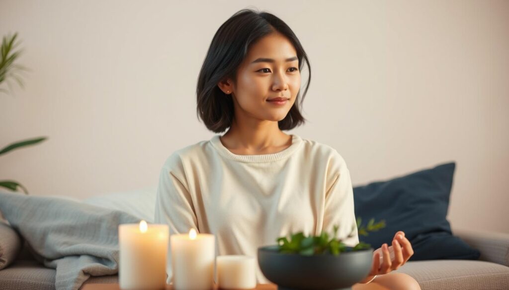 A serene yet focused young Japanese woman sits comfortably, radiating a sense of responsibility and self-care. Warm lighting illuminates her face, highlighting her thoughtful expression as she tends to her wellness. In the middle ground, calming objects like candles and natural elements create a soothing ambiance. The background provides a minimalist, studio-like setting, allowing the subject to be the central focus. Overall, the image conveys a harmonious balance between duty and personal rejuvenation.