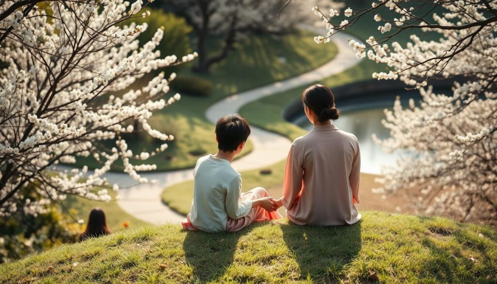 A serene yet pensive Japanese couple sitting on a grassy knoll, surrounded by a blossoming garden. Soft, natural lighting filters through the foliage, casting a warm glow on their introspective expressions. Their hands intertwine, symbolizing the intertwined journeys of personal growth and romantic connection. In the background, a winding path leads to a tranquil pond, suggesting the contemplative nature of their self-discovery through this relationship. The overall tone evokes a sense of harmony, vulnerability, and the profound impact love can have on one's inner development.