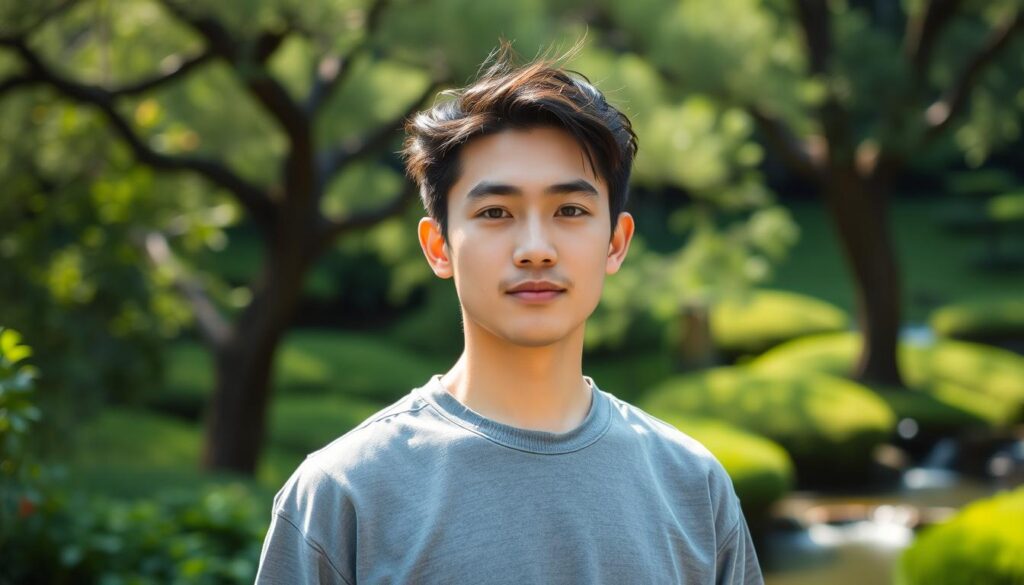 A serene, young Japanese man standing in a tranquil garden, his posture relaxed and his expression calm. Soft natural lighting caresses his features, creating a sense of balance and adaptability. In the background, a lush, verdant landscape with swaying trees and a hint of a flowing stream, symbolizing the subject's ability to navigate varied situations with fluidity and grace. The scene conveys a sense of inner strength, resilience, and a willingness to respond to challenges with sensitivity and poise.