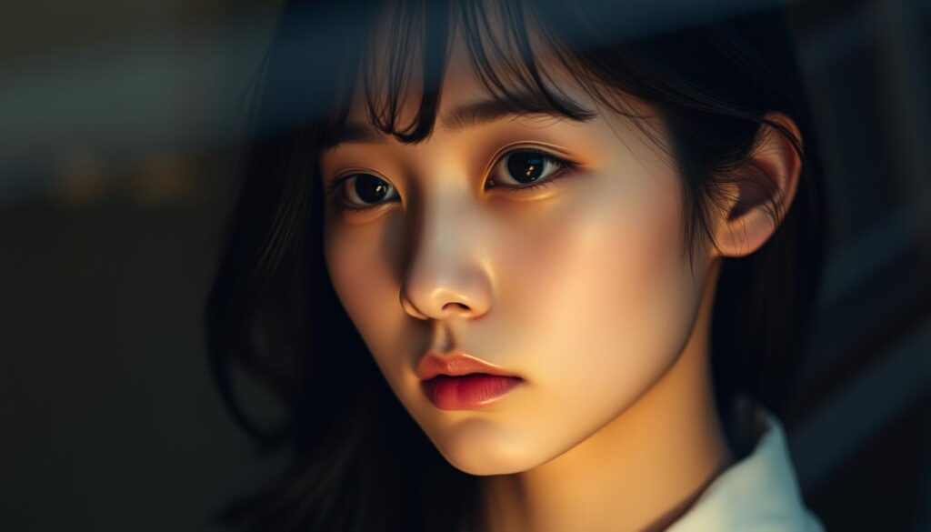 A serene young woman gazes pensively, her expressive features embodying the depths of her sincerity and sensitivity. Soft, indirect lighting caresses her delicate face, accentuating her captivating Japanese-inspired beauty. The scene radiates a palpable sense of introspection and emotional richness, capturing the allure of her genuine, profound inner world. Subtle hues of warmth and tranquility envelop the frame, conveying a sense of tranquility and authenticity. This intimate portrait celebrates the enchanting charm of an INFP woman's honest, emotive nature.