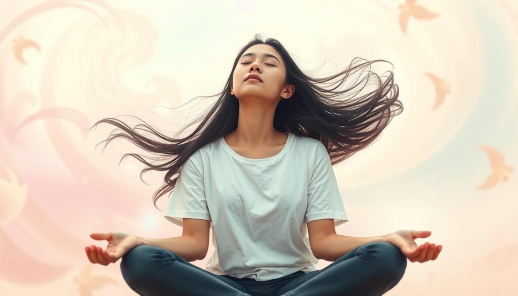 A serene young woman with flowing dark locks sits cross-legged, eyes closed, radiating a sense of contemplative focus. Soft, diffused lighting illuminates her face, hinting at an inner luminosity. The background is a swirling, dreamlike realm of pastel hues and abstract shapes, suggesting the expansive, imaginative nature of her flexible mindset and curious spirit. An aura of tranquility and discovery surrounds her, inviting the viewer to join her journey of self-exploration.