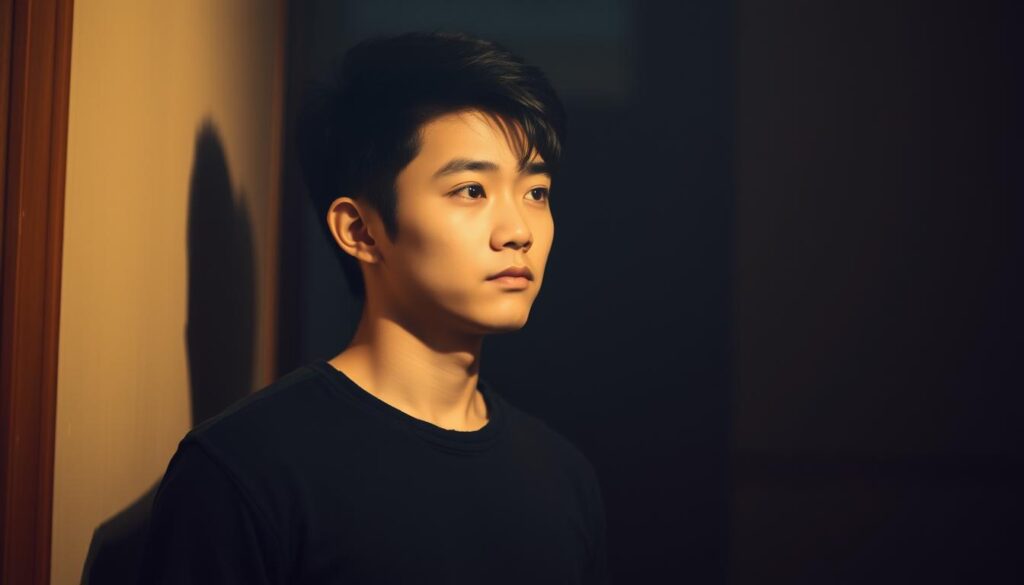 A shy, Japanese-looking young man stands in a dimly lit room, his body language conveying both hesitation and a glimmer of resolve. Soft, warm lighting bathes his features, casting subtle shadows that accentuate his thoughtful expression. The background is slightly blurred, keeping the focus on the man's introspective gaze as he contemplates the best approach to interact with a potential partner. The scene evokes a sense of tenderness and the delicate nature of initiating a romantic connection for the reserved individual.