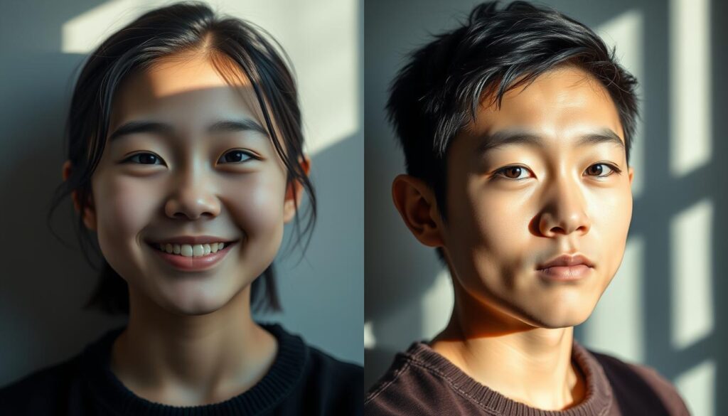 A side-by-side portrait showcasing the distinct attitudes of a young Japanese-looking individual. In the left frame, the subject radiates warmth and affection, their gaze soft and inviting. Soft, diffused lighting illuminates their face, creating a serene and approachable atmosphere. In the right frame, the same individual adopts a cold, aloof demeanor, their expression hardened and lips pursed. Harsh, directional lighting casts dramatic shadows, heightening the sense of emotional distance. Both portraits capture the subject's facial features with photorealistic clarity, allowing the viewer to fully appreciate the stark contrast in demeanor and mood.