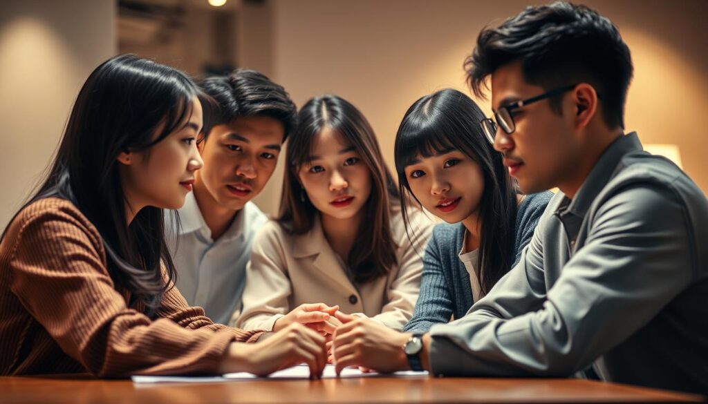 A small group of young, Japanese-looking individuals gather around a table, engaged in a deep, strategic discussion. The lighting is soft and warm, creating an atmosphere of thoughtful contemplation. The faces of the models convey a sense of focus and intensity, their expressions reflecting the mental acuity and problem-solving prowess associated with INTJ personalities. The scene is captured through a high-quality lens, rendering the details with photorealistic clarity and depth of field. The background is slightly blurred, allowing the viewer to concentrate on the central figures and their strategic thinking in action.