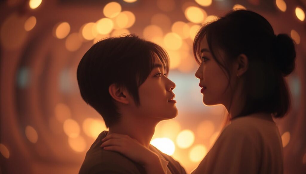 A softly lit, intimate scene capturing the profound significance of emotional expression in romantic relationships. In the foreground, a young Japanese-looking man and woman, their faces aglow with tender intimacy, gaze into each other's eyes with vulnerable openness. The middle ground blurs into an ethereal, dreamlike setting, hinting at the profound emotional connection they share. The background is suffused with a warm, ambient light, creating a sense of immersive emotional depth. The overall atmosphere evokes the profound importance of authentic self-expression and emotional attunement in the ENFP's ideal partnership.