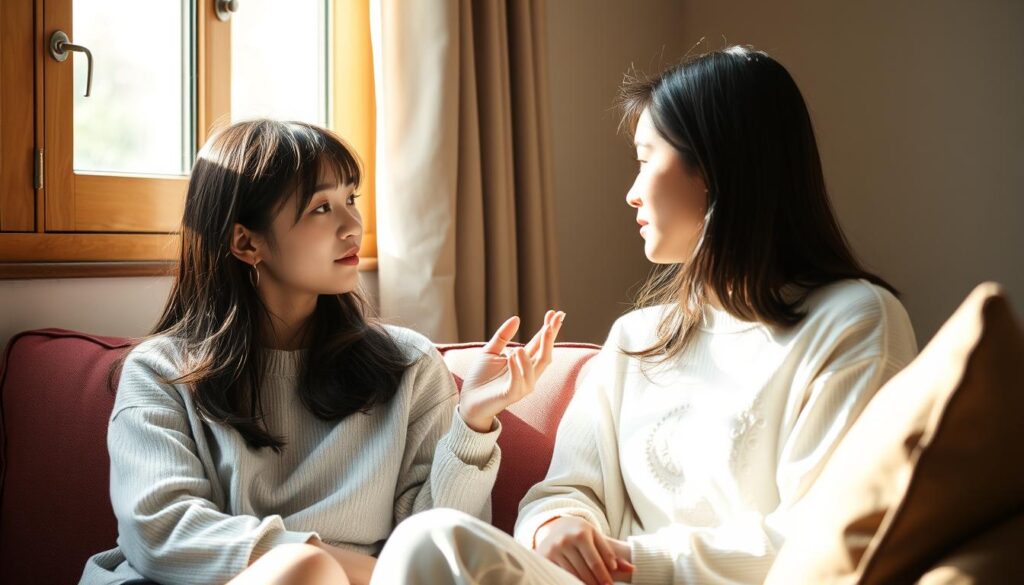 A softly lit, intimate scene featuring a young Japanese woman in thoughtful conversation with a friend. The pair sit comfortably, their body language relaxed and open, as they engage in earnest exchange. The woman's expressive face and gestures convey a sense of sincere self-expression, while her companion listens intently, creating an atmosphere of genuine connection and understanding. The setting is warm and inviting, with natural lighting filtering through a nearby window, casting a gentle glow on the figures. The composition is balanced, drawing the viewer's eye to the central interaction, and suggesting the importance of thoughtful communication in cultivating meaningful interpersonal bonds.