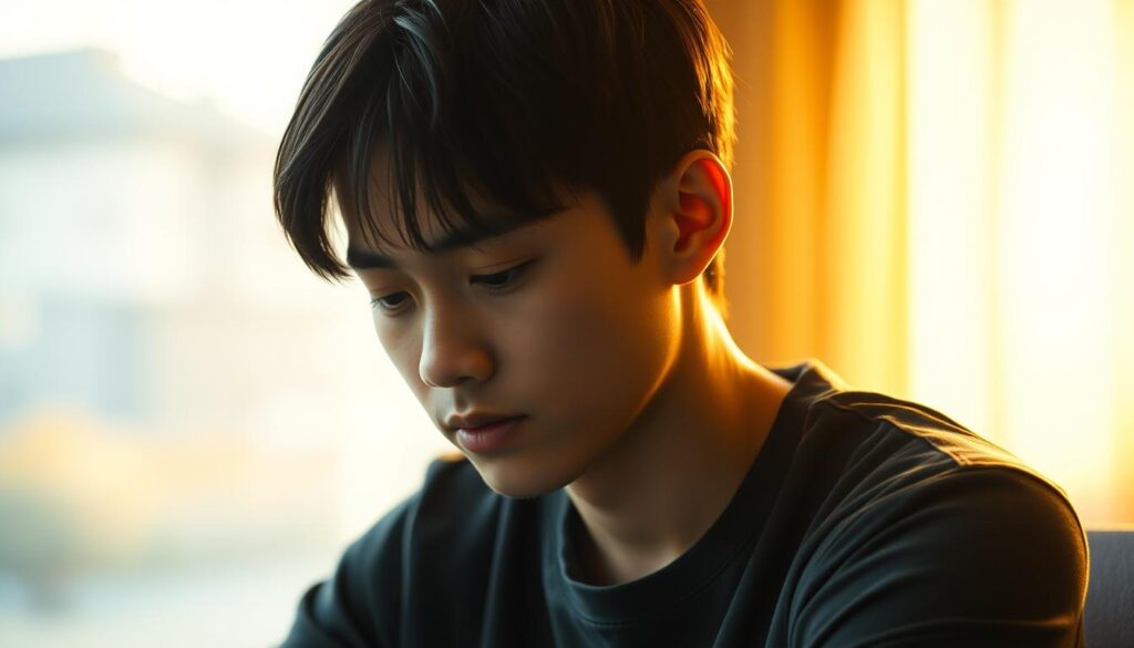 A softly lit portrait of a young Japanese man, his features delicate and thoughtful. He sits alone, his gaze downcast, a hint of vulnerability in his posture. The lighting is warm and gentle, casting subtle shadows that accentuate the planes of his face. In the background, a softly blurred scene suggests a serene, contemplative atmosphere. The man's expression conveys a sense of reserved emotion, hinting at an inner complexity not immediately apparent. The overall mood is one of quiet introspection, capturing the essence of a guarded heart longing to be understood.