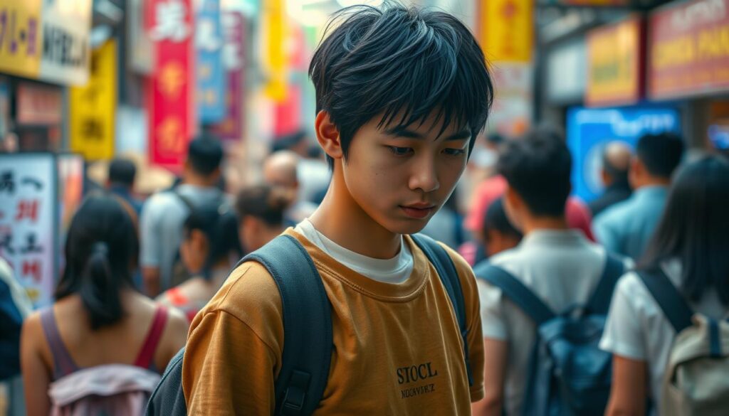 A solitary figure stands amidst a crowd, their gaze downcast, shoulders hunched, conveying a sense of disconnect and inner turmoil. The vibrant colors and bustling activity of the surrounding environment contrast sharply with the model's introverted pose, capturing the essence of the "social adaptation dilemma" experienced by the young, Japanese-looking individual. Soft, natural lighting illuminates the scene, creating a pensive, almost melancholic atmosphere. The focus is sharp, drawing the viewer's attention to the model's expressive face and subtly communicating the complexities of navigating societal expectations as an introverted personality.