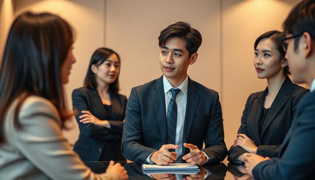 A sophisticated and elegant group of young Japanese professionals in a formal business setting, captured in a realistic photographic style. The foreground features three individuals engaged in a logical discussion, their body language and facial expressions conveying a sense of thoughtful deliberation. The middle ground showcases a minimalist, well-appointed conference room with clean lines and subtle lighting, creating a calm and focused atmosphere. The background subtly blurs into a warm, neutral tone, allowing the subject matter to take center stage. The overall composition and lighting work together to convey a sense of purposeful, logical communication.