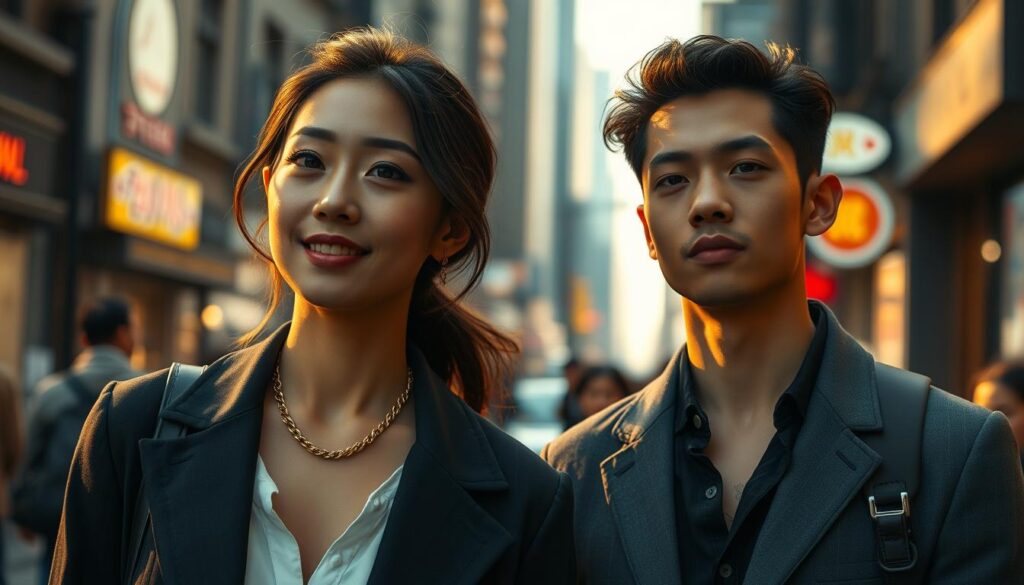 A sophisticated and stylish young couple strolling through a bustling city street, captured in a cinematic, high-resolution photograph. The woman, with a striking yet warm Japanese-inspired appearance, exudes a captivating blend of intellect and allure. Her partner, equally youthful and charismatic, matches her energy with a confident, curious gaze. The scene is bathed in a soft, golden light, creating a sense of intimacy and connection. The background is a vibrant urban landscape, hinting at the couple's adventurous and cultured interests. The overall mood is one of effortless elegance and mutual understanding, embodying the qualities that an ENTP personality might find most appealing in a romantic partner.