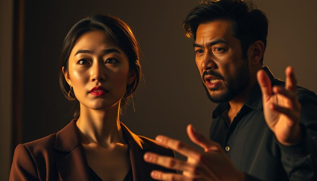 A sophisticated young Japanese woman with a thoughtful expression, standing in a dimly lit room. Warm, golden lighting illuminates her face from the side, casting soft shadows that highlight her delicate features. Beside her, a contrasting figure, a passionate and expressive man, gestures animatedly as they engage in intense discussion. The scene captures the dynamic tension and differences in their personalities, hinting at the underlying challenges and potential for reconciliation in their relationship. A wide-angle lens captures the interplay of the two subjects, set against a simple, minimalist background that allows the focus to remain on the central emotional narrative.
