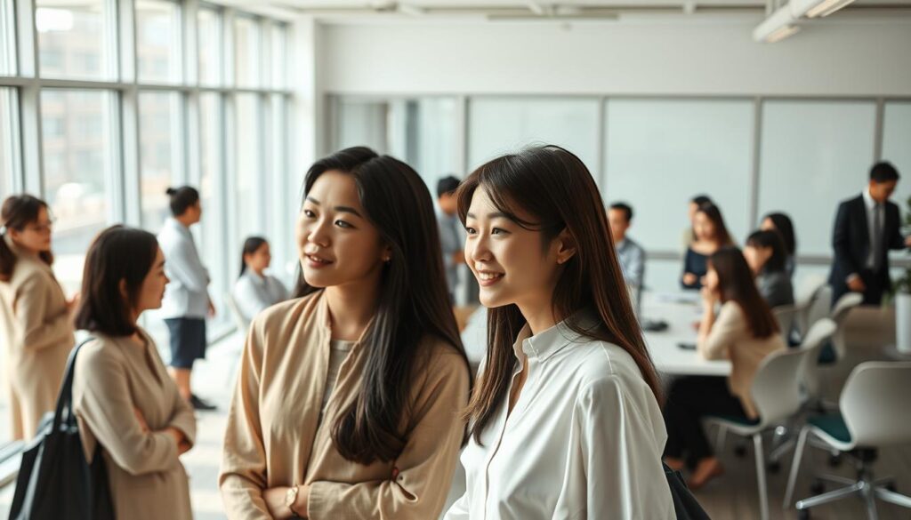 A striking office setting, filled with young, professional-looking Japanese individuals. The foreground features two individuals engaged in a thoughtful discussion, their expressions conveying a sense of collaboration and understanding. The middle ground showcases a diverse team gathered around a conference table, engaged in a lively exchange of ideas. The background depicts a modern, minimalist office space, with large windows allowing natural light to filter in, creating a calming and productive atmosphere. The overall scene conveys the essence of a harmonious corporate culture, where employees feel empowered to contribute and thrive.