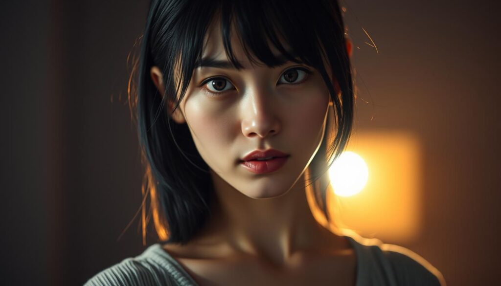 A striking portrait of a young Japanese woman, her features a harmonious blend of cool detachment and smoldering passion. She stands in a dimly lit room, the soft, warm light casting dramatic shadows across her face, accentuating the interplay of her severe expression and intense, fiery gaze. Her jet-black hair frames her face, hinting at the duality of her ISTP personality - the outward calm and the inner fire. The scene conveys a sense of balance, where her cool composure and her burning intensity coexist in a captivating equilibrium.