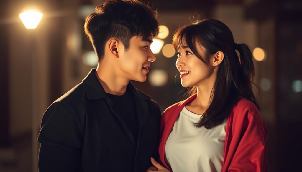 A stylish and attractive Japanese couple in their 20s, dressed casually, standing closely together and gazing intently at each other. Soft, warm lighting illuminates their faces, creating an intimate and romantic atmosphere. The couple exudes a confident, passionate, and dynamic energy, reflecting the essence of the "即実践アプローチ術" or "Immediate Action Approach Technique". The background is blurred, keeping the focus on the couple and their connection. The overall scene conveys a sense of youthful, spontaneous, and effective dating strategies.