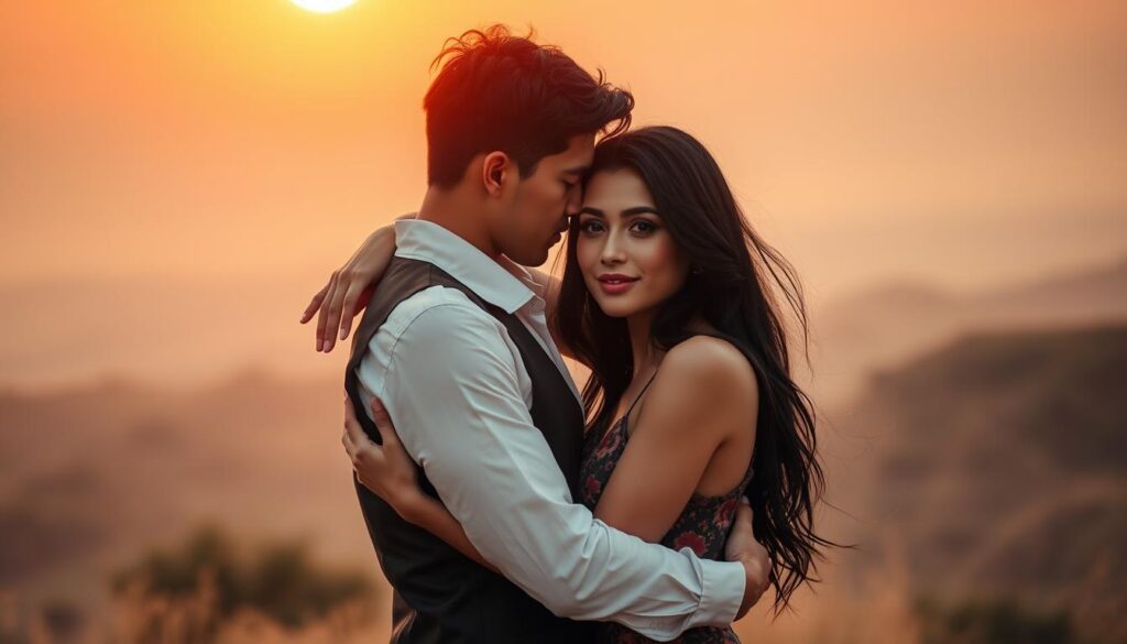 A stylish and free-spirited couple embracing under the warm glow of a sunset, their bodies intertwined in a graceful, intimate dance. The woman, with her long, jet-black hair and delicate facial features, exudes a confident, unconventional aura. The man matches her energy, his gaze locked with hers, their movements fluid and untethered. The background fades into a hazy, golden-hued landscape, creating a dreamlike, romantic atmosphere that captures the essence of an unrestrained, boundary-pushing love.