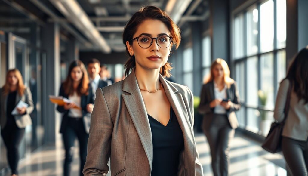 A stylishly dressed ESFJ woman strides confidently through a well-lit, modern office setting. Her poised expression and purposeful gaze convey a sense of professional determination. She is flanked by colleagues, each engaged in various tasks, creating a dynamic and collaborative atmosphere. The lighting is warm and flattering, with soft shadows that accentuate the woman's features. The overall scene evokes a vision of ESFJ women thriving in their careers, leveraging their social skills and people-oriented nature to achieve success.