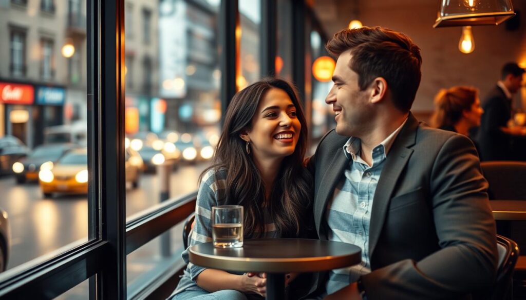 A successful ESFJ-T couple enjoying a romantic date night in a cozy urban café. The woman, with long, dark hair and an elegant yet casual look, smiles warmly at her partner, who gazes at her affectionately. The café's soft lighting creates a warm, intimate atmosphere, with the couple seated at a small table by a large window overlooking a busy street. The background is blurred, focusing the viewer's attention on the couple's connection and body language, which conveys a sense of harmony, trust, and mutual support.