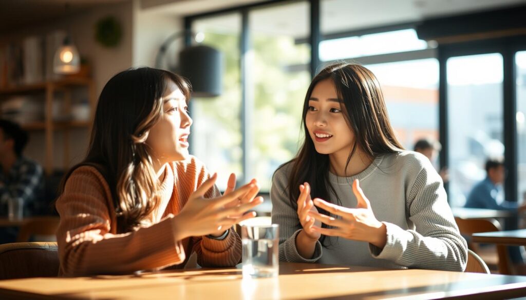 A sunny, intimate café setting with two young Japanese-looking individuals engaged in an open, thoughtful conversation. Soft lighting illuminates their attentive expressions as they lean in, gesturing with their hands. The background is softly blurred, allowing the focus to remain on their earnest exchange. The scene conveys the importance of clear, unguarded dialogue, with a sense of warmth and connection. Captured with a shallow depth of field and a natural, photographic aesthetic.
