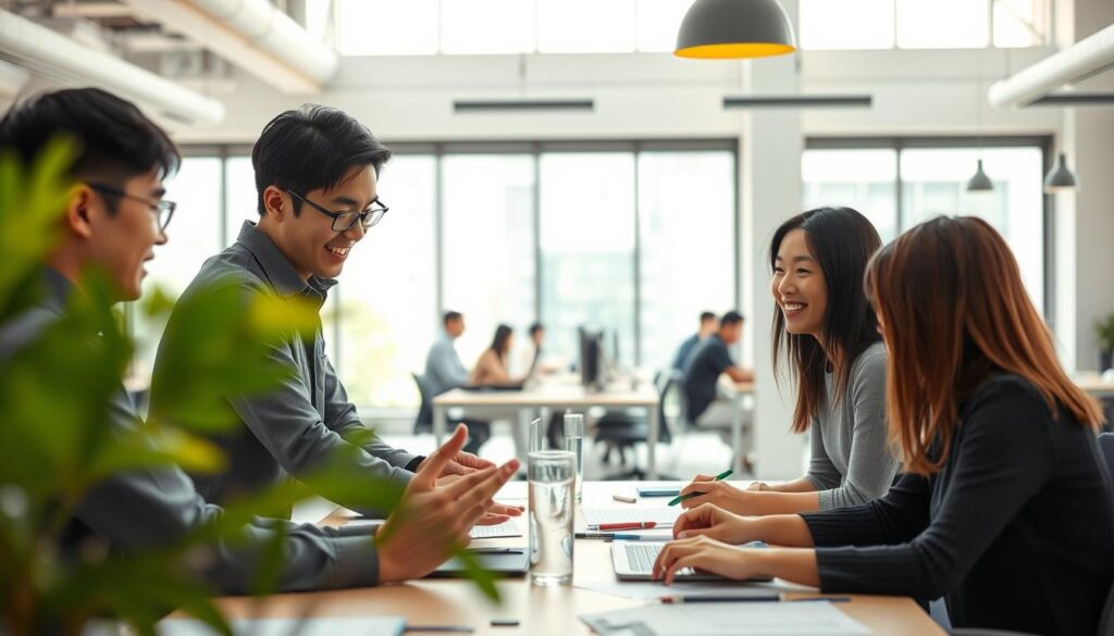 A team of young, Japanese-looking individuals collaborating in a bright, modern office. The foreground features three co-workers gathered around a desk, engaged in a lively discussion and gesturing enthusiastically. The middle ground showcases the open-concept workspace, with colleagues working together at their desks. The background depicts large windows letting in natural light, creating a warm and productive atmosphere. The scene conveys a sense of camaraderie, creativity, and effective teamwork. Detailed realistic photography with a shallow depth of field, shot with a wide-angle lens.