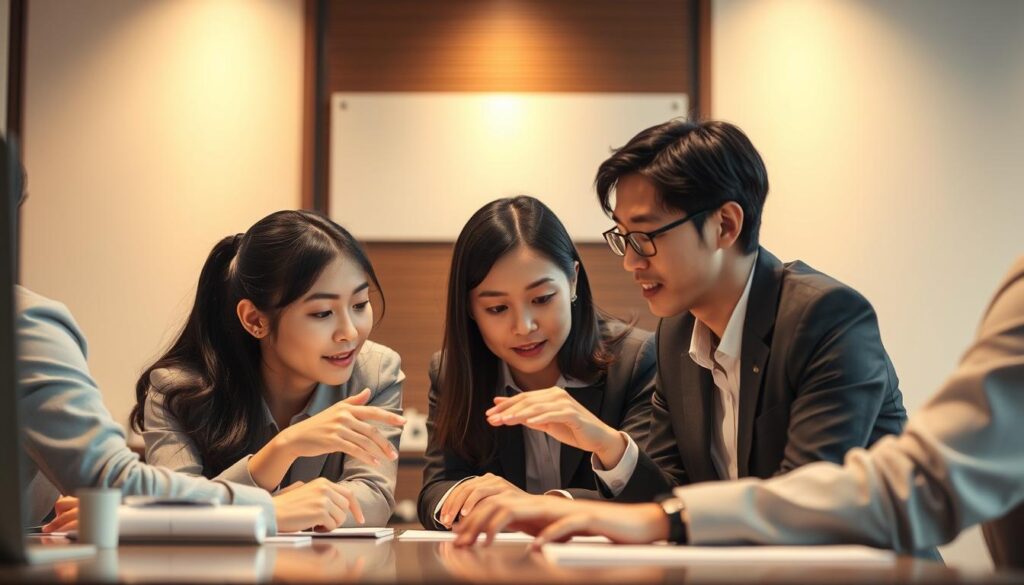 A team of young, Japanese-looking professionals collaborating intently around a table, their faces lit by warm, focused lighting. The scene captures the essence of ESFJ's cooperative nature - they work together seamlessly, communicating with gestures and expressions, their body language exuding a sense of harmony and mutual understanding. The background is slightly blurred, keeping the attention on the central group dynamic. The overall atmosphere is one of efficiency, camaraderie, and a shared sense of purpose.