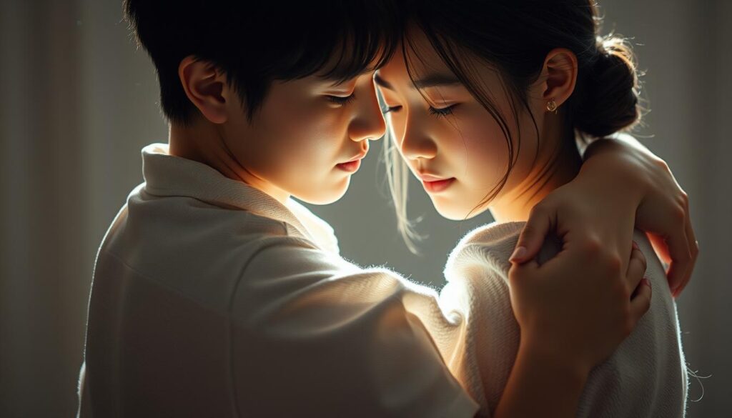 A tender embrace between two young Japanese individuals, their faces reflecting deep empathy and connection. Soft lighting caresses their features, creating an intimate, almost ethereal atmosphere. Their bodies intertwine, conveying a sense of partnership and understanding that transcends the physical. The background is subtly blurred, allowing the viewer to focus on the captivating intimacy of the moment, where sensitivity and compassion weave a tapestry of meaningful companionship.