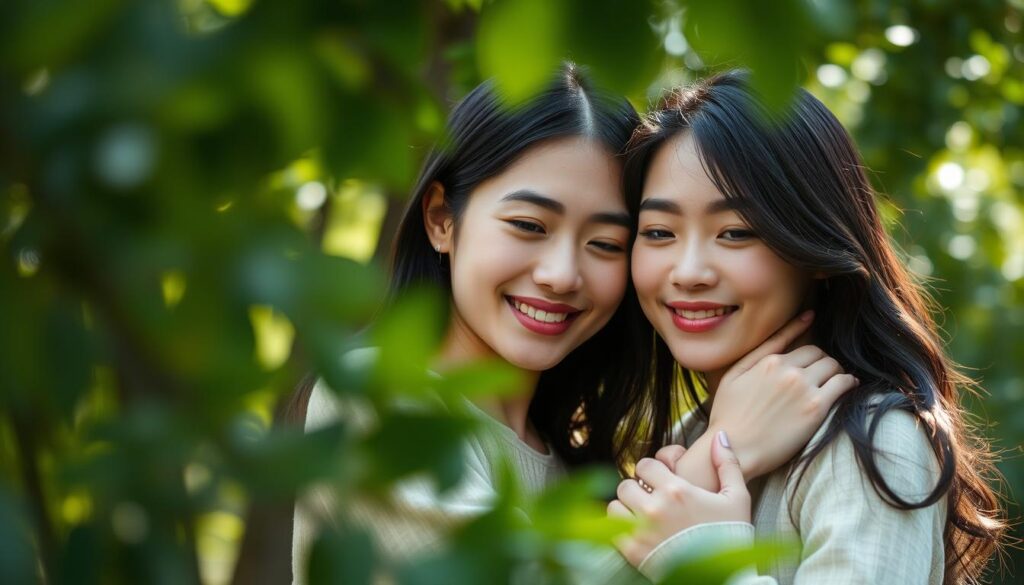A tender embrace between two young Japanese people, their faces radiating genuine warmth and trust. They stand in a lush, natural setting, the soft light filtering through the leaves casting a soothing, intimate glow. Their bodies are relaxed, conveying a sense of effortless comfort and belonging. The background is blurred, placing the focus on the couple's connection, a tranquil sanctuary where they can be themselves without pretense. This image evokes a nurturing, unhurried intimacy, a safe haven where love can blossom naturally.