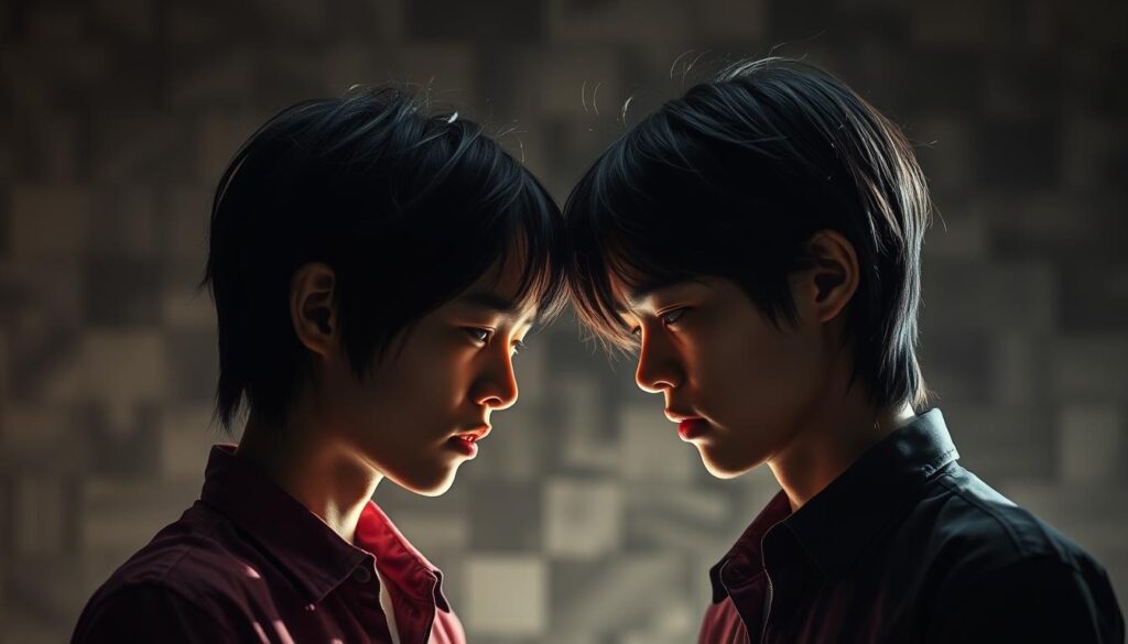 A tense, confrontational scene between two young Japanese individuals with dark hair, their expressions conveying discomfort and incompatibility. Harsh, dramatic lighting casts deep shadows, heightening the clash of personalities. The figures are positioned at an angle, leaning away from each other, body language indicating a lack of harmony. The background is hazy, out of focus, emphasizing the interpersonal tension as the sole focus. An aura of unease and discord permeates the image, capturing the essence of an "INFJと相性が悪い性格タイプ" interaction. A tense, confrontational scene between two young Japanese individuals with dark hair, their expressions conveying discomfort and incompatibility. Harsh, dramatic lighting casts deep shadows, heightening the clash of personalities. The figures are positioned at an angle, leaning away from each other, body language indicating a lack of harmony. The background is hazy, out of focus, emphasizing the interpersonal tension as the sole focus. An aura of unease and discord permeates the image, capturing the essence of an "INFJと相性が悪い性格タイプ" interaction.