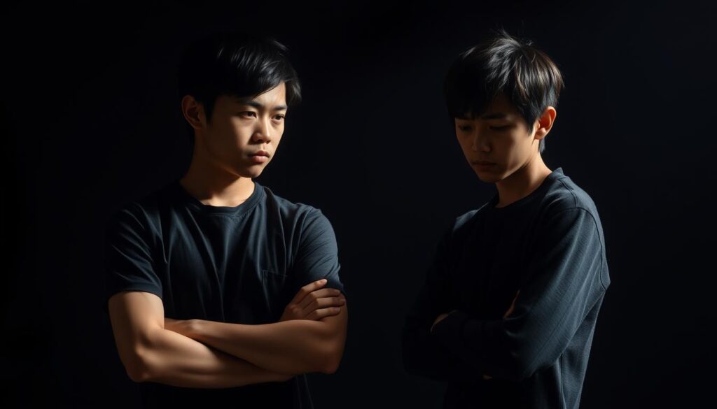 A tense, uncomfortable scene unfolds as two young Japanese individuals stand facing each other, their body language and expressions conveying a clear sense of rejection. The model on the left has a closed-off posture, arms crossed defensively, eyes averted, lips pursed - all signs of an ENTP's dismissive attitude. The other model, on the right, appears hurt and confused, their shoulders slumped, gaze downcast, a subtle frown on their face. Dramatic low-key lighting casts dramatic shadows, heightening the somber mood. The scene is captured with a tight, confrontational framing, the models filling the frame, emphasizing the charged, strained interaction between them.
