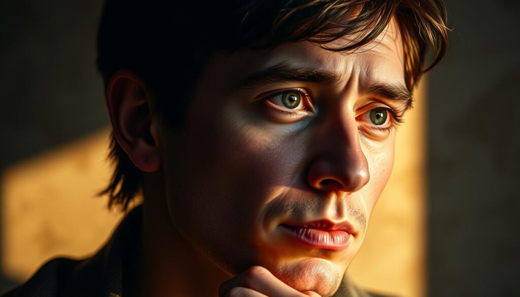 A thoughtful INTP character with a pensive, analytical expression, their face illuminated by soft, warm lighting. A detailed, realistic portrait showcasing their logical thought process, with a shadowy, abstract background hinting at the complexity of their intellectual pursuits. The composition emphasizes the subject's intense focus and introspective nature, capturing the essence of a logical thinker exploring their unique perspective.