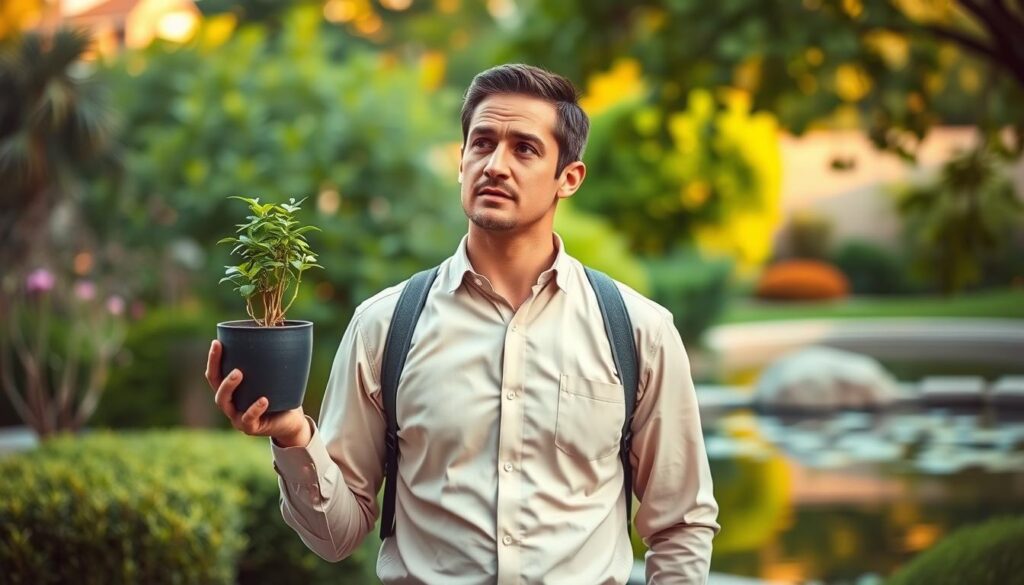 A thoughtful ISFJ man, dressed in a simple yet refined outfit, stands in a tranquil garden setting. The foreground features his contemplative expression as he balances a potted plant, symbolizing self-care, against a heavy weight on his shoulders, representing his tendency for self-sacrifice. The middle ground showcases lush greenery and a serene pond, conveying a sense of harmony and calm. The background is softly lit, with subtle hues of gold and amber, creating a warm, introspective atmosphere. The overall composition highlights the ISFJ's inner struggle to find equilibrium between their nurturing nature and the need for personal wellbeing.