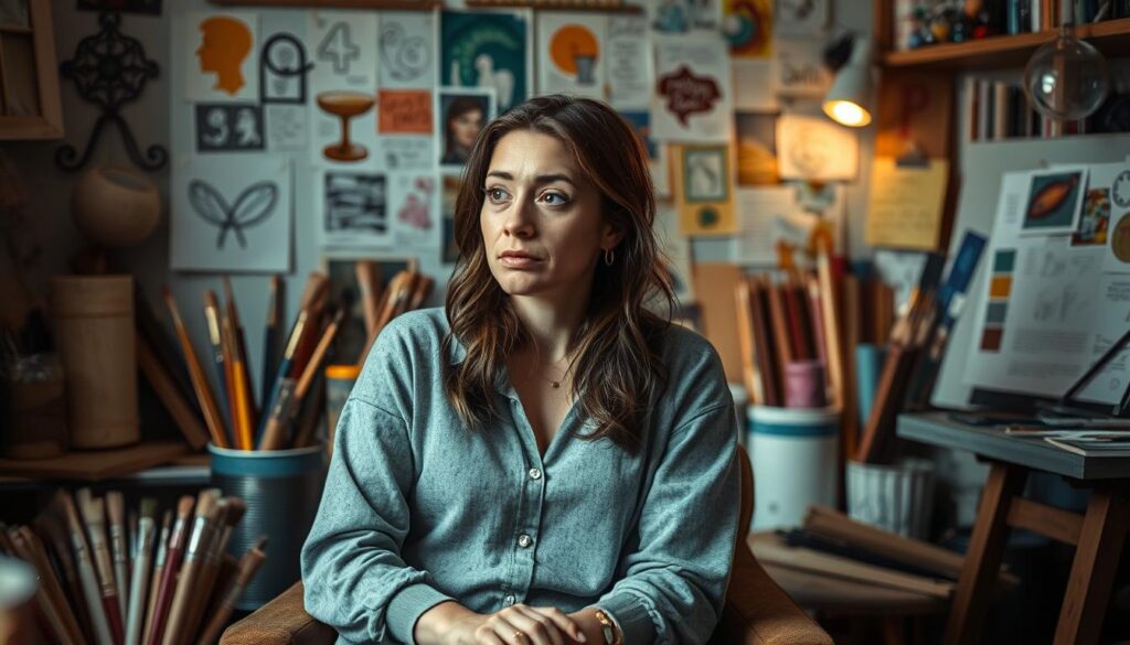 A thoughtful ISFP artist sits in a cozy studio, surrounded by their creative tools and half-finished works. Soft, warm lighting casts a pensive glow, highlighting their focused expression as they ponder their next steps. In the background, a collage of colorful sketches, paintbrushes, and inspirational notes hints at the challenges they face in channeling their sensitive, imaginative nature into tangible creations. The scene conveys a sense of quiet introspection, underscoring the ISFP's need to find the right balance between their inner world and outer expression.