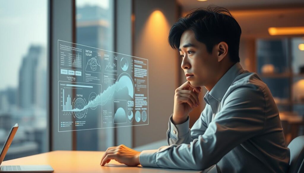 A thoughtful Japanese individual with a focused gaze, sitting at a minimalist desk, intently studying a holographic display of complex data visualizations. The lighting is soft and contemplative, casting warm hues across the scene. In the background, a blurred cityscape can be seen through floor-to-ceiling windows, suggesting an urban setting conducive to strategic thinking. The overall mood is one of deep concentration and intellectual engagement, capturing the essence of a INTP-A character's methodical and analytical decision-making process.
