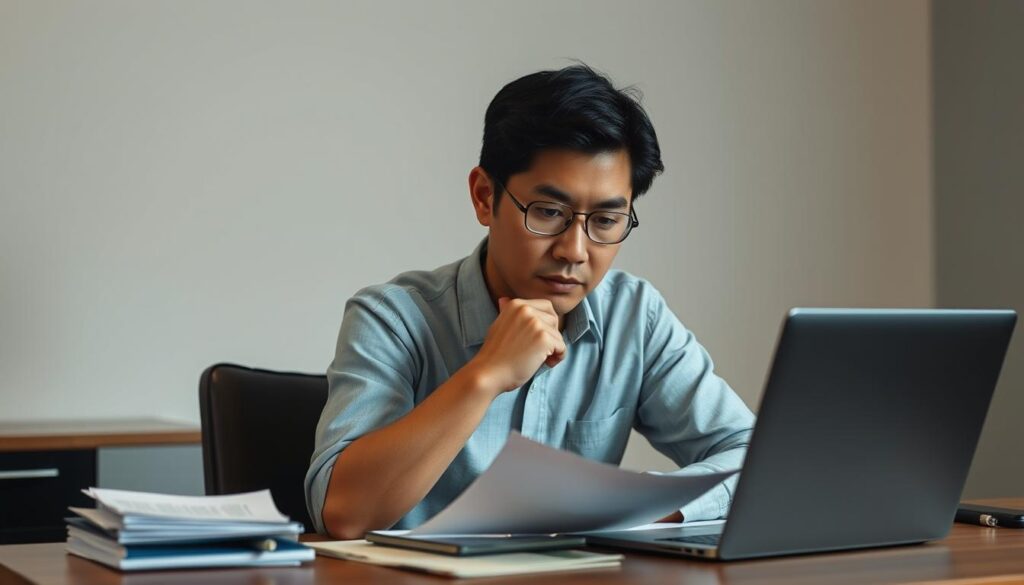 A thoughtful Japanese man with a pensive expression, seated at a desk. His brow furrowed in concentration as he examines a complex problem, surrounded by neatly organized papers and a laptop. Soft, directional lighting illuminates his face, casting subtle shadows that emphasize his focused gaze. The room is minimalist, with clean lines and muted tones, creating a sense of tranquility and intellectual clarity. The overall atmosphere conveys a balance of logical reasoning and practical problem-solving, reflecting the subject's ISTP personality traits.