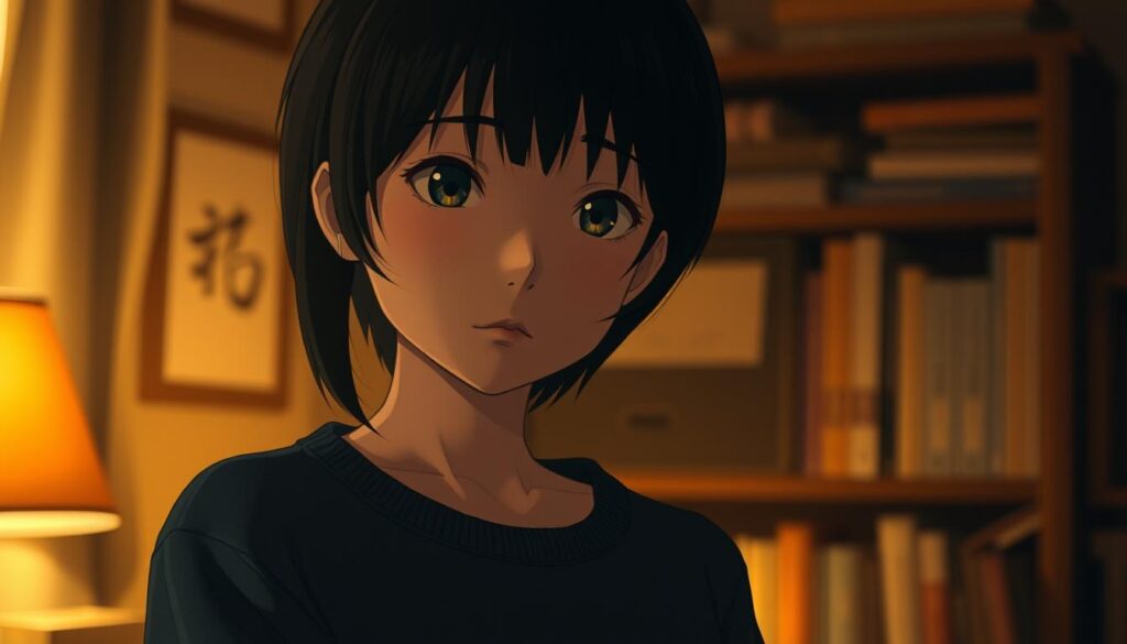 A thoughtful and introspective INTP-A character standing in a cozy, dimly lit study. They have a pensive expression, deep in contemplation, their black hair gently framing their youthful, delicate Japanese features. The atmosphere is one of quiet concentration, with warm lighting casting a soft glow on the character, emphasizing their focused, analytical gaze. The background is softly blurred, allowing the subject to take center stage, their thought-provoking presence the true focus of the image.