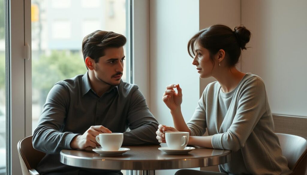 A thoughtful couple seated at a cafe table, sipping coffee and engaged in a pensive discussion. Soft natural light filters through the window, casting a warm glow on their faces. The man, with a contemplative expression, leans forward, his brow furrowed as he listens intently to his partner, who gestures gently with her hands. Their body language suggests a growing distance, a subtle cooling of the once-passionate relationship. The surroundings are minimalist and unobtrusive, allowing the focus to remain on the couple's emotional dynamic. The overall atmosphere evokes a sense of introspection and the quiet consideration of what has led to the fading of their once-ardent romance.