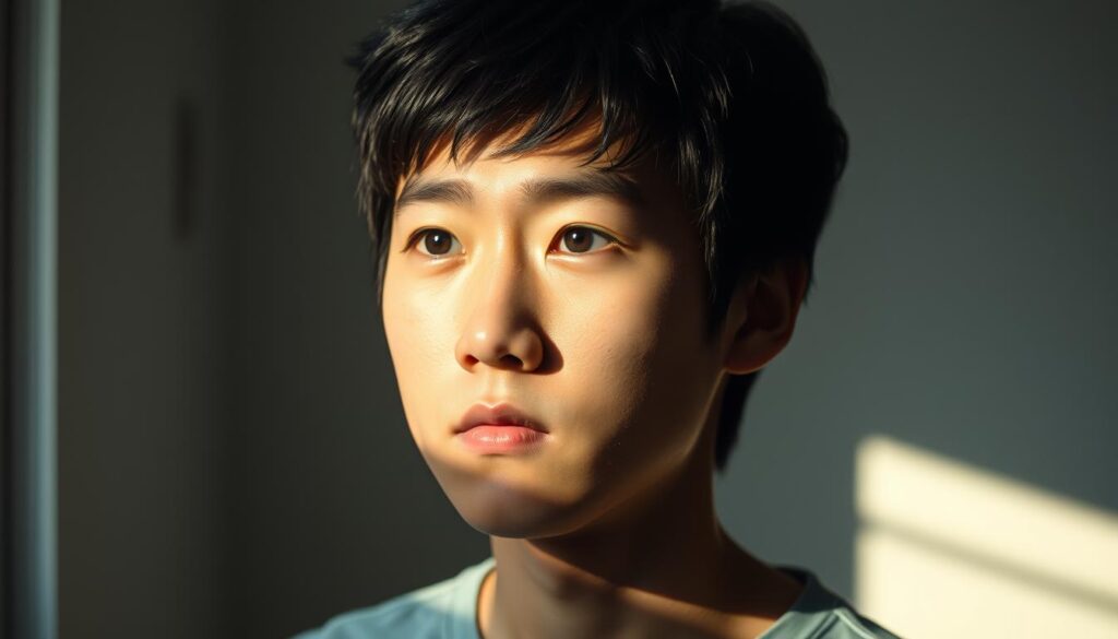A thoughtful, introspective young Japanese person with a serious expression, capturing the essence of ESTJ-A personality type. Soft lighting from the left, creating dramatic shadows and highlights on the face. Simple, minimal background allows the subject to be the focus. Captured with a high-quality DSLR camera, using a medium-length telephoto lens to create a flattering, natural-looking portrait. The overall mood is contemplative, with a sense of depth and inner reflection.
