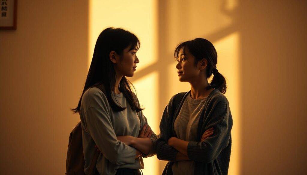 A thoughtful, respectful exchange between two young Japanese individuals, standing face-to-face in a softly lit room. Warm lighting casts gentle shadows, creating an atmosphere of openness and understanding. Their body language is relaxed yet attentive, conveying a sense of active listening and genuine connection. The scene captures the essence of effective communication, with both parties fully engaged and seeking to bridge any potential gaps, working towards a harmonious resolution.