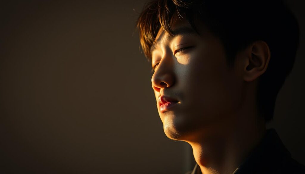 A thoughtful young Japanese man deeply immersed in self-reflection, his eyes closed as he contemplates the path to greater self-understanding. Soft, warm lighting illuminates his features, casting a pensive, serene atmosphere. The background gradually fades into a muted, introspective palette, allowing the subject's introspective focus to take center stage. The composition is balanced, with the man's pose and expression conveying a sense of inner growth and personal evolution. The overall mood is one of quiet, introspective discovery, capturing the essence of the "恋愛成功のための自己改善と戦略" section.