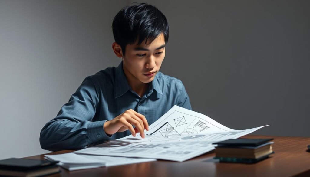 A thoughtful young Japanese man sits at a desk, deep in concentration. His face bears a pensive expression as he carefully considers the complex diagram before him, his fingers tapping rhythmically on the surface. The lighting is soft and even, highlighting the planes of his features and the subtle interplay of shadows. The background is a minimalist workspace, with clean lines and a muted color palette that allows the subject to take center stage. This is a portrait of logical analysis, a window into the captivating mental processes of an INTP individual.