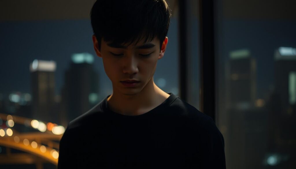 A thoughtful young Japanese man standing in a dimly lit room, his gaze cast downward, lost in pensive reflection. Soft lighting illuminates his features, casting shadows that convey a sense of introspection and emotional vulnerability. In the background, a blurred cityscape suggests the complexities of modern relationships, while the muted color palette evokes a sense of melancholy. The scene captures the essence of an introverted personality grappling with the challenges of love and romance.