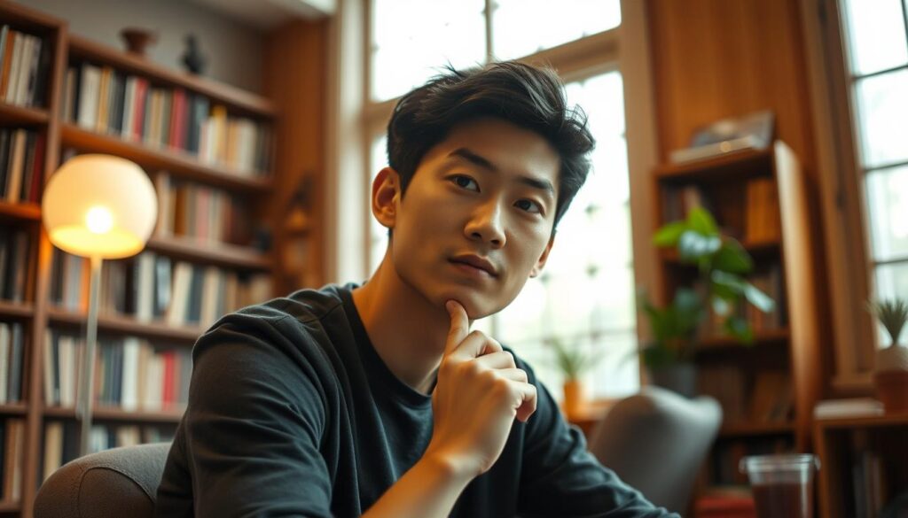 A thoughtful young Japanese man with a pensive expression sits in a warm, cozy study. Soft, diffused lighting illuminates his face, highlighting his contemplative gaze. In the background, bookshelves and a large window suggest an atmosphere of intellectual stimulation and creativity. The man's posture conveys a sense of deep focus and problem-solving, representing the strengths of analytical thinking and imaginative problem-solving. The overall mood is one of introspection and the pursuit of knowledge. A thoughtful young Japanese man with a pensive expression sits in a warm, cozy study. Soft, diffused lighting illuminates his face, highlighting his contemplative gaze. In the background, bookshelves and a large window suggest an atmosphere of intellectual stimulation and creativity. The man's posture conveys a sense of deep focus and problem-solving, representing the strengths of analytical thinking and imaginative problem-solving. The overall mood is one of introspection and the pursuit of knowledge.