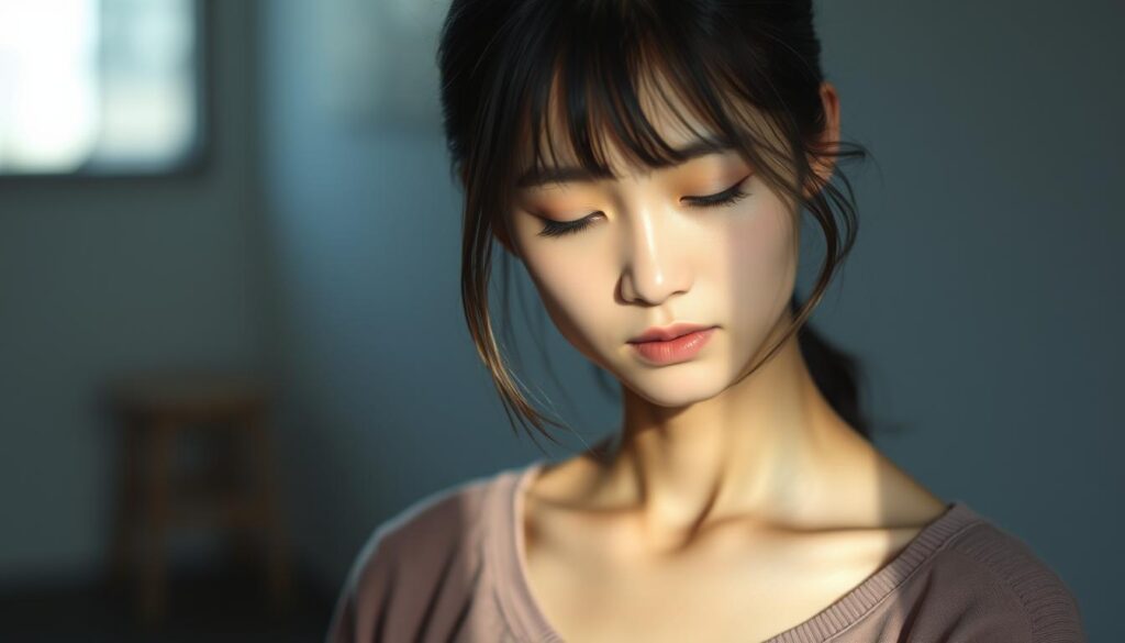 A thoughtful young Japanese woman stands alone, her eyes downcast, expression tinged with melancholy. The soft, natural lighting illuminates her delicate features, casting gentle shadows that highlight her introspective mood. In the background, a blurred, minimalist setting evokes a sense of detachment, as if the world around her fades into insignificance. The overall atmosphere conveys a palpable feeling of overthinking, the burden of excessive care for others weighing heavily on her shoulders. The scene captures the essence of how an INFJ's tendency for profound empathy can at times become a source of emotional strain and isolation.