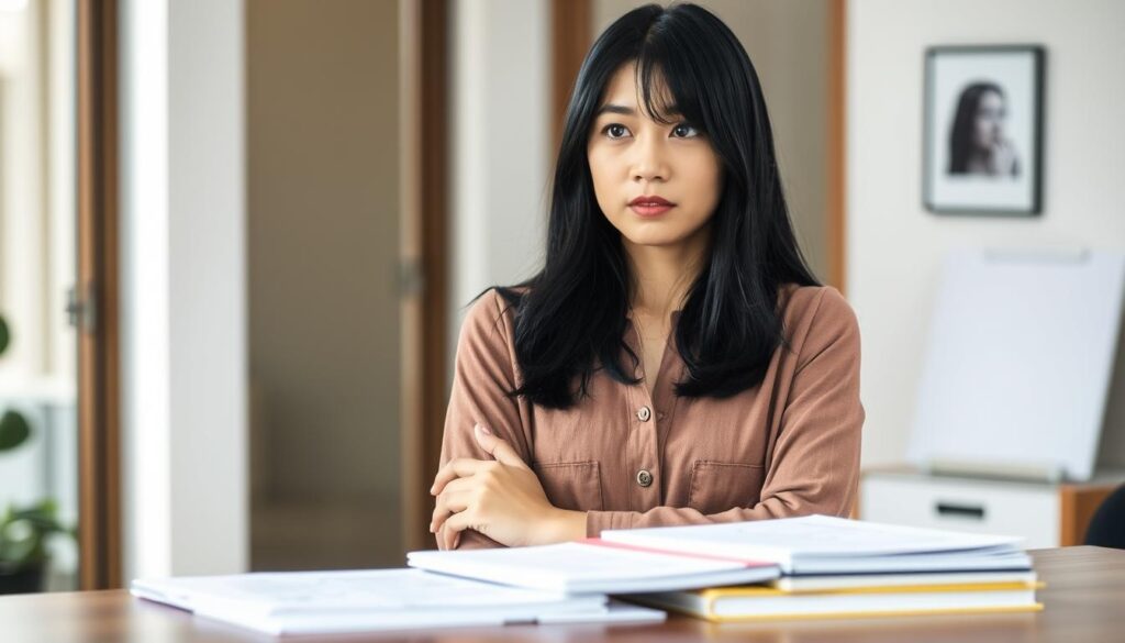 A thoughtful young Japanese woman stands in a serene office setting, her black hair framing a contemplative expression. Soft, natural lighting illuminates her as she considers various career options, represented by a collection of papers and files on a wooden desk before her. The background is blurred, allowing the viewer to focus on her introspective pose, capturing the important decision-making process of choosing the right career path for an ISFJ personality.