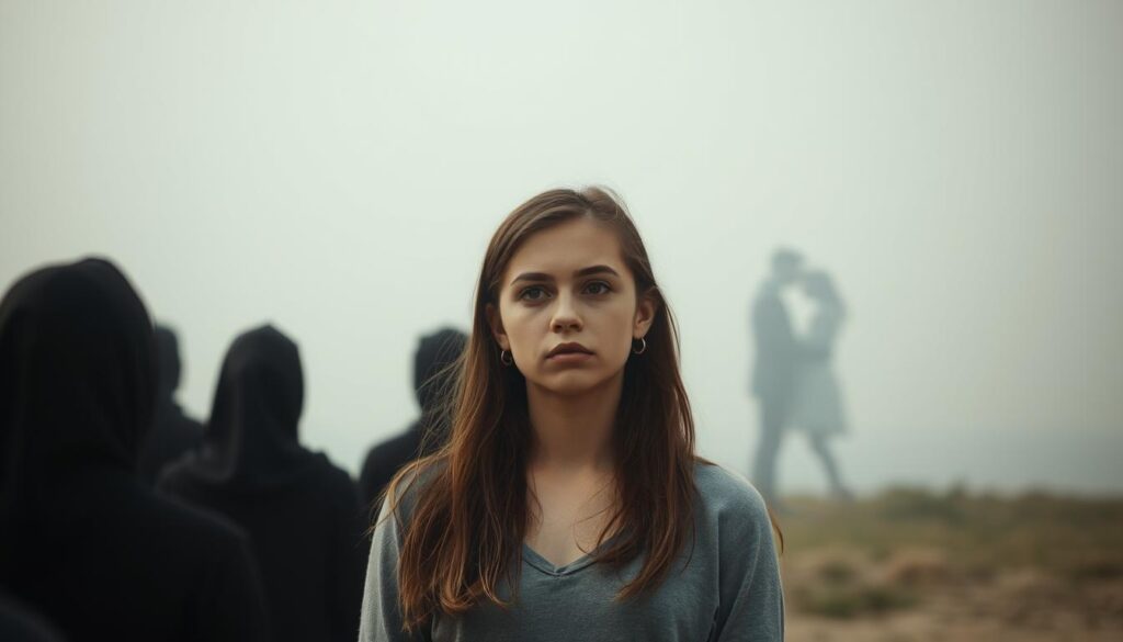 A thoughtful young woman stands in the center, her gaze pensive as she contemplates the gap between her ideal of deep, meaningful connections and the reality of her solitary experience. In the foreground, a cluster of faceless figures appear distant and disconnected, while in the background, a faint, hazy outline of an embracing couple symbolizes the elusive nature of the intimate bonds she seeks. Soft, natural lighting casts a melancholic atmosphere, capturing the bittersweet emotions of the INFJ's journey towards finding fulfillment in their relationships.
