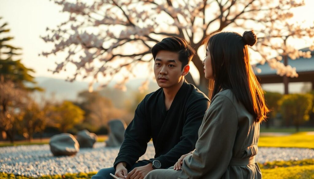 A tranquil Japanese garden, bathed in the warm glow of an evening sun. In the foreground, two young Japanese models, a man and a woman, sit facing each other, their expressions reflecting deep contemplation. The man's brow is furrowed, his gaze intense, as he analyzes a complex problem. The woman, in contrast, appears serene and intuitive, her eyes half-closed as she taps into her innate understanding. The middle ground features a zen rock garden, symbolizing the balance between rational and intuitive thinking. In the background, a majestic cherry blossom tree stands, its delicate pink flowers a reminder of the fleeting nature of life. The scene is captured with a shallow depth of field, creating a sense of focus and intimacy.