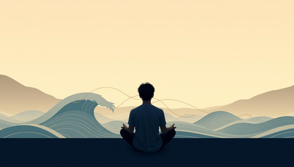 A tranquil Japanese-inspired scene depicting the emotional waves and psychological depths of an INFP man's inner world. In the foreground, a young man with dark hair and a contemplative expression sits cross-legged, lost in introspection. The middle ground features stylized, undulating lines of color representing the ebb and flow of his feelings, while the background is a serene, minimalist landscape with muted tones and subtle lighting, evoking a sense of calm and thoughtfulness. The overall atmosphere is one of introspection, self-reflection, and a deep, nuanced understanding of the INFP male psyche.