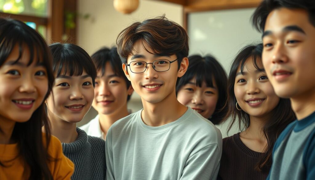 A tranquil community gathering, where young Japanese faces reflect a collective sense of belonging. The scene depicts a harmonious group, their expressions conveying a shared understanding, as if their personalities have organically aligned. Soft, natural lighting illuminates the intimate setting, creating a sense of warmth and connection. The composition is balanced, with the subjects positioned in the foreground, while the background remains slightly blurred, suggesting a focus on the interpersonal dynamics at play. This image aims to visualize the psychological undercurrents that shape a cohesive community, where individual identities seamlessly integrate into a larger, resonant whole.
