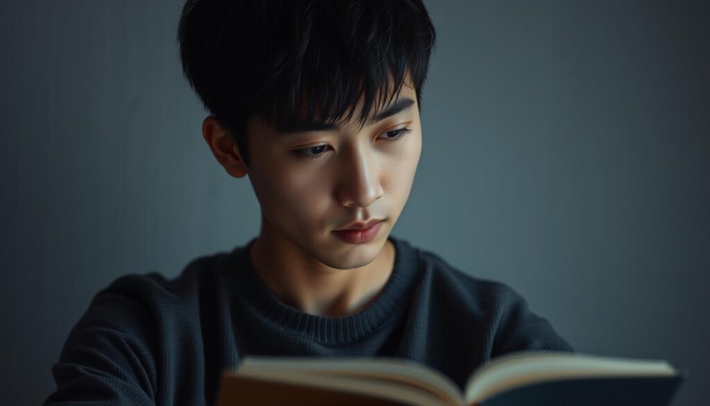 A tranquil, contemplative scene of a young, introspective Japanese individual deeply immersed in their intellectual pursuits. Subtle lighting illuminates their features, conveying a sense of focused concentration. The background is a minimalist, textured environment, allowing the subject's pensive gaze and academic materials to take center stage. Capturing the harmonious blend of introversion and specialized knowledge, the image exudes a serene, thoughtful atmosphere, reflecting the nuances of the INTP personality type.