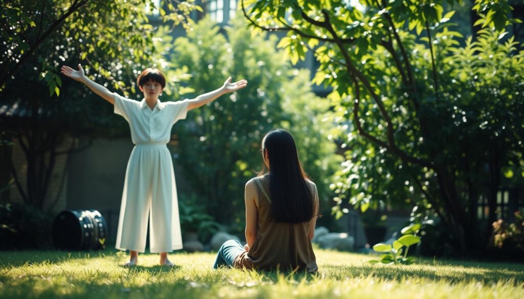 A tranquil garden scene, illuminated by soft, natural light. In the foreground, a figure representing extroversion stands tall, arms outstretched, radiating energy and vitality. In the middle ground, another figure symbolizing introversion sits quietly, lost in contemplation, the contrast between the two creating a sense of balance and harmony. The background features lush, verdant foliage, hinting at the inherent interconnectedness between the two personality types. The models, young Japanese individuals with black hair, exude a realistic, photographic quality, their expressions and poses conveying the essence of the energy dynamics between extroversion and introversion.