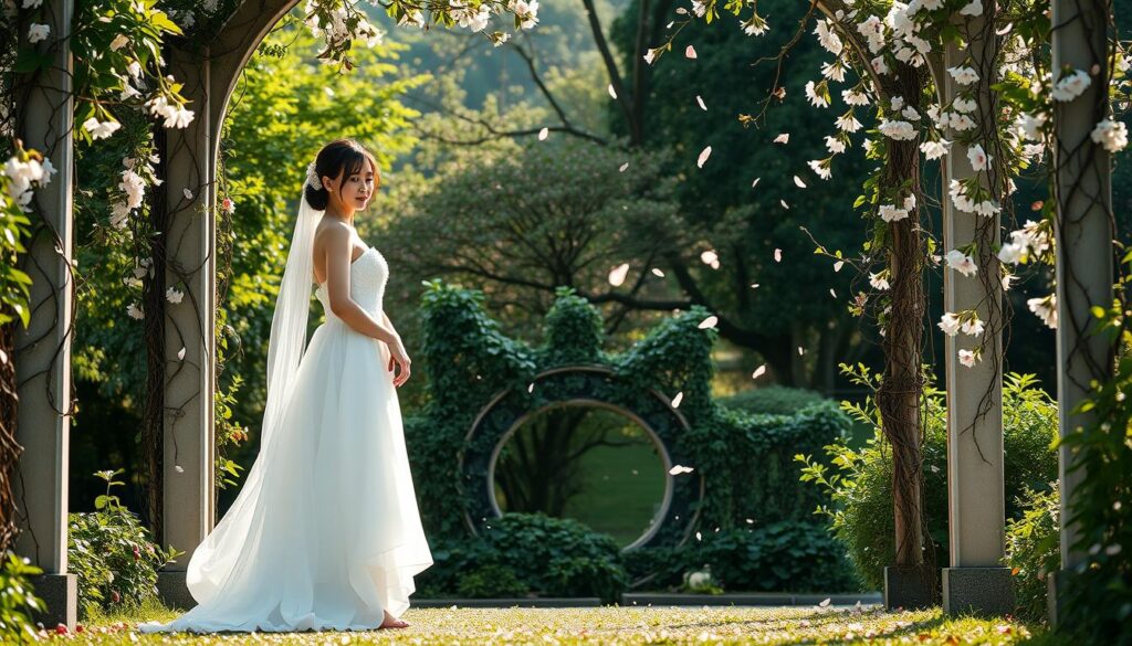 A tranquil garden scene with a young Japanese woman in a flowing white wedding dress, standing amidst lush greenery and delicate cherry blossom petals drifting in the gentle breeze. Soft, natural lighting illuminates her serene expression as she contemplates her path forward in her marriage journey. The composition emphasizes balance and harmony, with the woman positioned as the focal point, flanked by decorative archways adorned with vines and flowers. This evocative image captures the essence of the section on improving one's approach to finding a life partner.